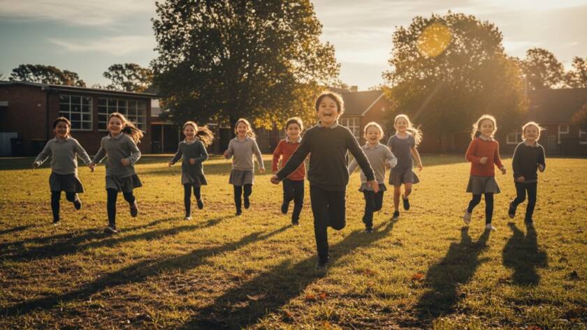 A wide-angle, cinematic photograph of diverse primary school children joyously running and laughing across a sun-drenched oval in South Kingsville, Victoria, during golden hour. The image perfectly captures an epic moment of personalised primary school photography, highlighting their uninhibited happiness with dramatic backlighting and professional colour grading.