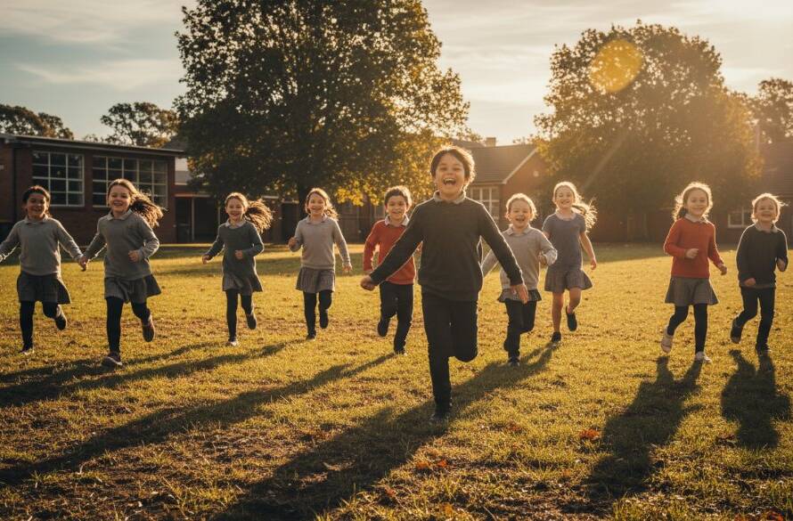 A wide-angle, cinematic photograph of diverse primary school children joyously running and laughing across a sun-drenched oval in South Kingsville, Victoria, during golden hour. The image perfectly captures an epic moment of personalised primary school photography, highlighting their uninhibited happiness with dramatic backlighting and professional colour grading.