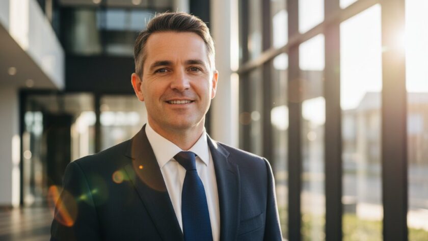 A professional and confident male business leader in Shepparton, Victoria, captured in an 'epic moment' with natural, soft window light highlighting his face against a blurred, modern office background, reflecting the quality of personalised professional headshots Shepparton for business leaders by Image by SD.