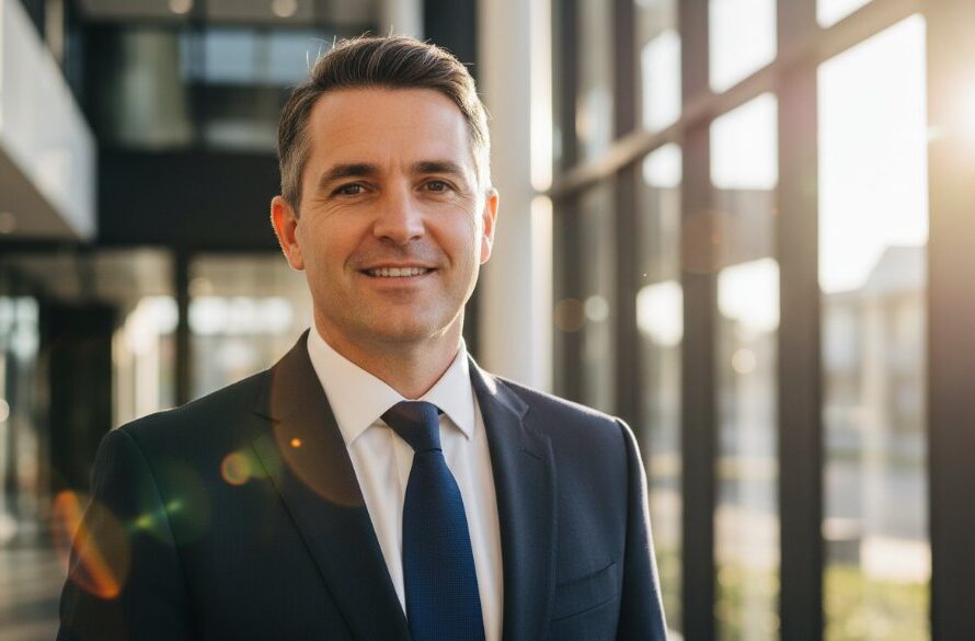 A professional and confident male business leader in Shepparton, Victoria, captured in an 'epic moment' with natural, soft window light highlighting his face against a blurred, modern office background, reflecting the quality of personalised professional headshots Shepparton for business leaders by Image by SD.