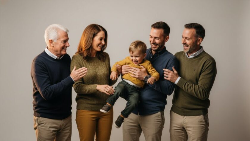 An emotionally resonant, professionally lit studio portrait of a multi-generational Alfredton family, warmly embracing and laughing, capturing a timeless 'epic moment' of connection and joy, showcasing personalised studio photography Alfredton Victoria expertise.