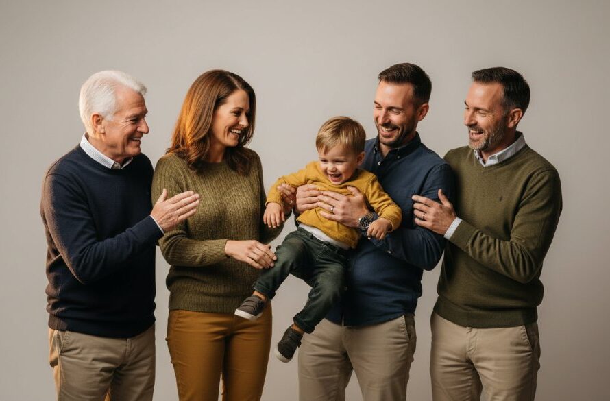 An emotionally resonant, professionally lit studio portrait of a multi-generational Alfredton family, warmly embracing and laughing, capturing a timeless 'epic moment' of connection and joy, showcasing personalised studio photography Alfredton Victoria expertise.