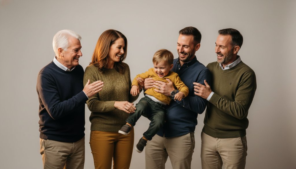 An emotionally resonant, professionally lit studio portrait of a multi-generational Alfredton family, warmly embracing and laughing, capturing a timeless 'epic moment' of connection and joy, showcasing personalised studio photography Alfredton Victoria expertise.
