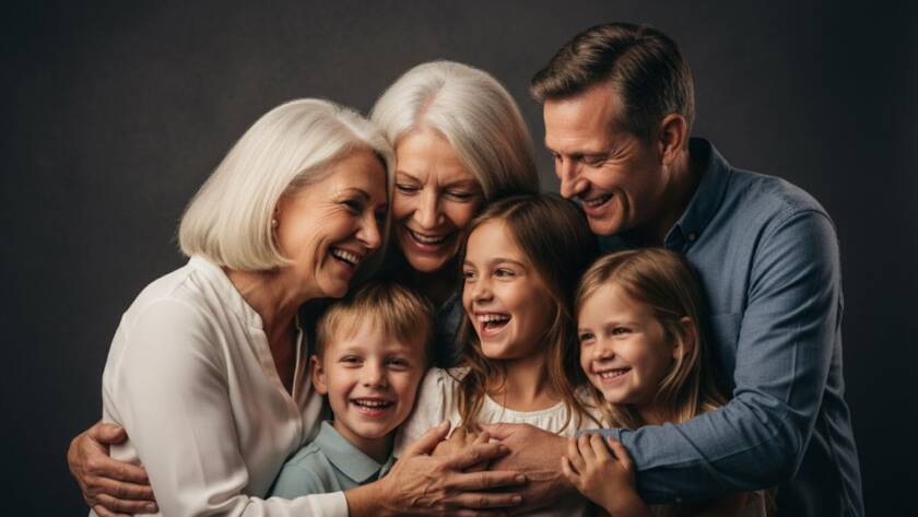 A heartwarming, professionally color-graded studio photograph of a multigenerational Australian family sharing a genuine laugh, capturing personalised studio photography in Avondale Heights for timeless memories, with soft, dramatic lighting highlighting their expressions and connection.