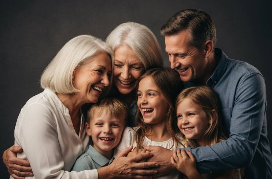 A heartwarming, professionally color-graded studio photograph of a multigenerational Australian family sharing a genuine laugh, capturing personalised studio photography in Avondale Heights for timeless memories, with soft, dramatic lighting highlighting their expressions and connection.
