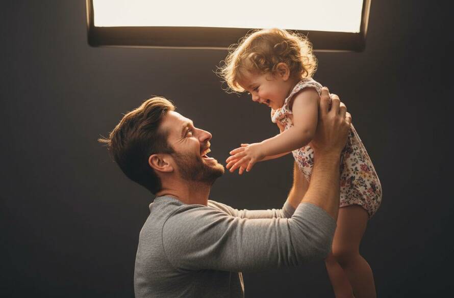 An epic, emotionally resonant photograph of a Botanic Ridge family during a personalised studio photography session, showcasing a parent holding a child in a moment of pure joy and connection, with dramatic backlighting and professional colour grading.