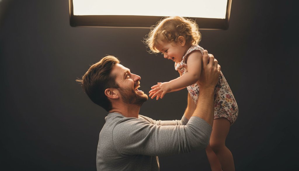 An epic, emotionally resonant photograph of a Botanic Ridge family during a personalised studio photography session, showcasing a parent holding a child in a moment of pure joy and connection, with dramatic backlighting and professional colour grading.