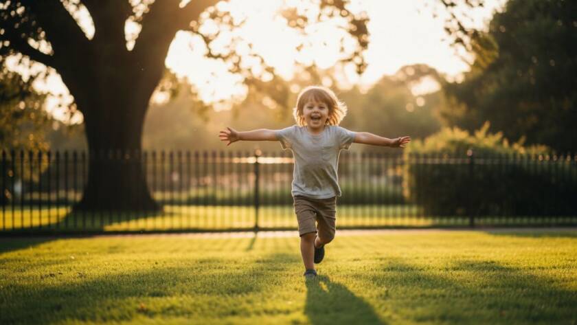 An epic, emotionally resonant photograph capturing playful candid kids photography Malvern Gardens. A child, mid-laughter, running through the golden hour light in Malvern Gardens, soft bokeh background, dramatic light filtering through trees, professional colour grading, cinematic and joyful.