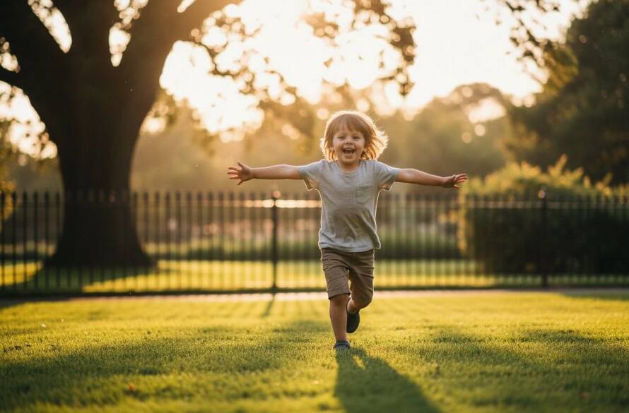 An epic, emotionally resonant photograph capturing playful candid kids photography Malvern Gardens. A child, mid-laughter, running through the golden hour light in Malvern Gardens, soft bokeh background, dramatic light filtering through trees, professional colour grading, cinematic and joyful.