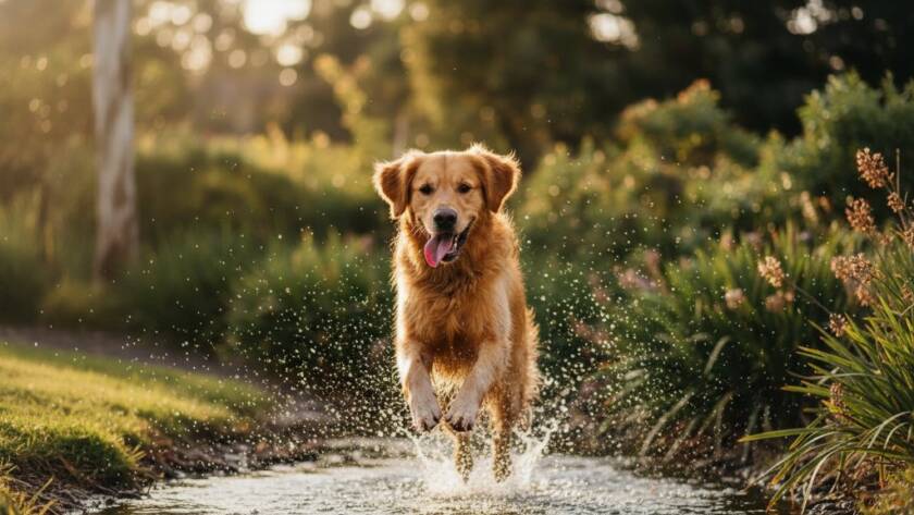 An ecstatic golden retriever mid-leap, fetching a vibrant frisbee in a sun-dappled park in Endeavour Hills, showcasing playful pet photography Endeavour Hills outdoor adventures, with dramatic golden hour lighting and bokeh.