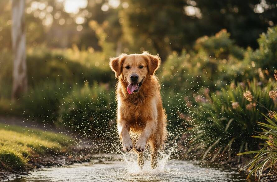 An ecstatic golden retriever mid-leap, fetching a vibrant frisbee in a sun-dappled park in Endeavour Hills, showcasing playful pet photography Endeavour Hills outdoor adventures, with dramatic golden hour lighting and bokeh.