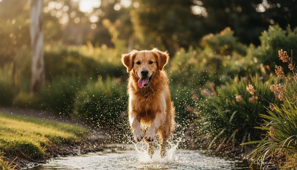 An ecstatic golden retriever mid-leap, fetching a vibrant frisbee in a sun-dappled park in Endeavour Hills, showcasing playful pet photography Endeavour Hills outdoor adventures, with dramatic golden hour lighting and bokeh.