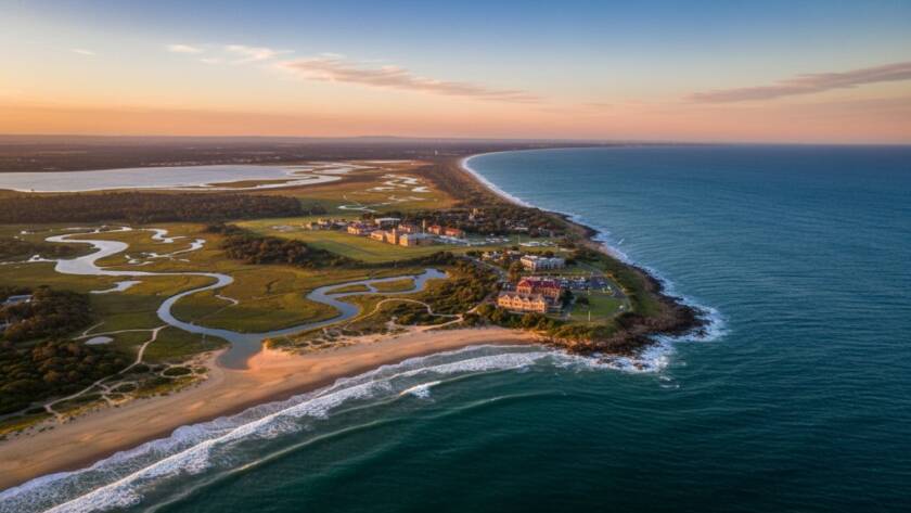 An awe-inspiring aerial view showcasing Point Cook drone photography scenic coastal views at sunset, capturing the dramatic coastline, historic RAAF Base, and the shimmering waters of Port Phillip Bay under a vibrant orange sky, with a lone drone visible in the distance.