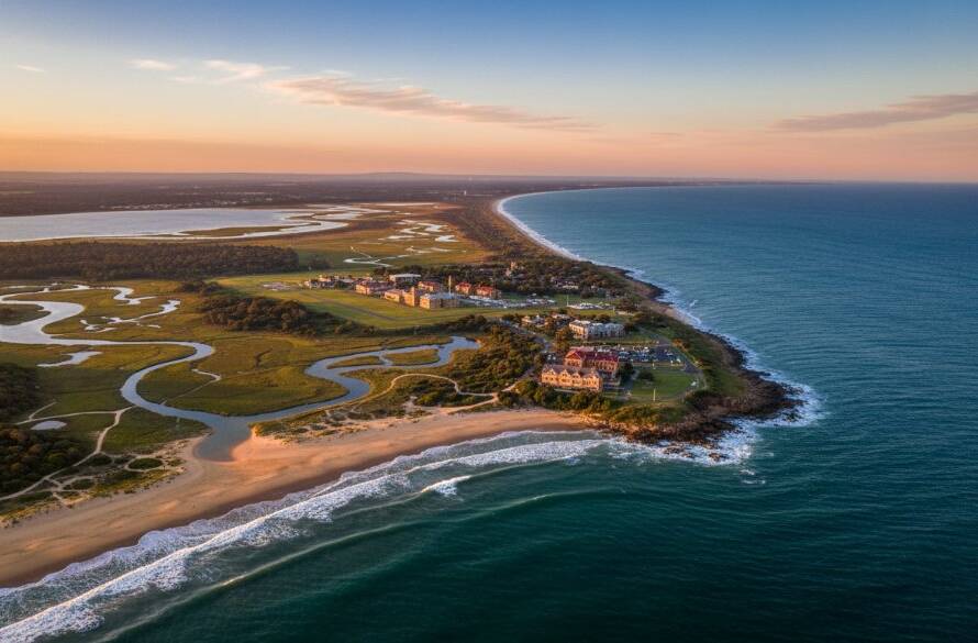 An awe-inspiring aerial view showcasing Point Cook drone photography scenic coastal views at sunset, capturing the dramatic coastline, historic RAAF Base, and the shimmering waters of Port Phillip Bay under a vibrant orange sky, with a lone drone visible in the distance.
