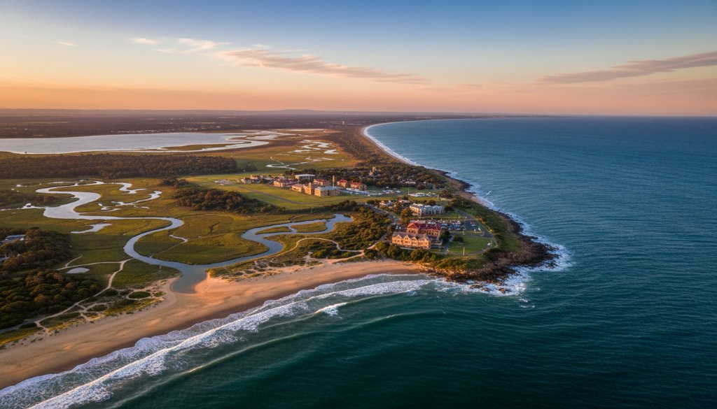 An awe-inspiring aerial view showcasing Point Cook drone photography scenic coastal views at sunset, capturing the dramatic coastline, historic RAAF Base, and the shimmering waters of Port Phillip Bay under a vibrant orange sky, with a lone drone visible in the distance.