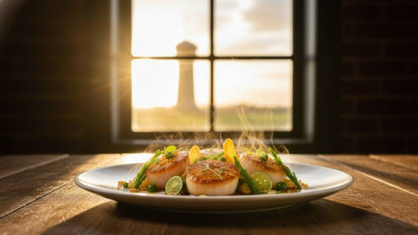 A dramatic close-up shot of a perfectly plated, steaming dish from a Point Cook restaurant, bathed in golden hour light, capturing the delicious details of a Point Cook gourmet food photography experience, with the iconic Point Cook RAAF Base tower subtly blurred in the background, creating a mouth-watering and cinematic scene.