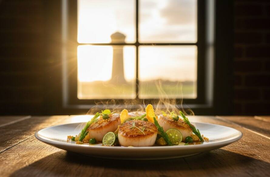 A dramatic close-up shot of a perfectly plated, steaming dish from a Point Cook restaurant, bathed in golden hour light, capturing the delicious details of a Point Cook gourmet food photography experience, with the iconic Point Cook RAAF Base tower subtly blurred in the background, creating a mouth-watering and cinematic scene.