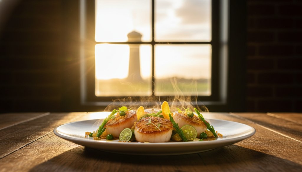 A dramatic close-up shot of a perfectly plated, steaming dish from a Point Cook restaurant, bathed in golden hour light, capturing the delicious details of a Point Cook gourmet food photography experience, with the iconic Point Cook RAAF Base tower subtly blurred in the background, creating a mouth-watering and cinematic scene.