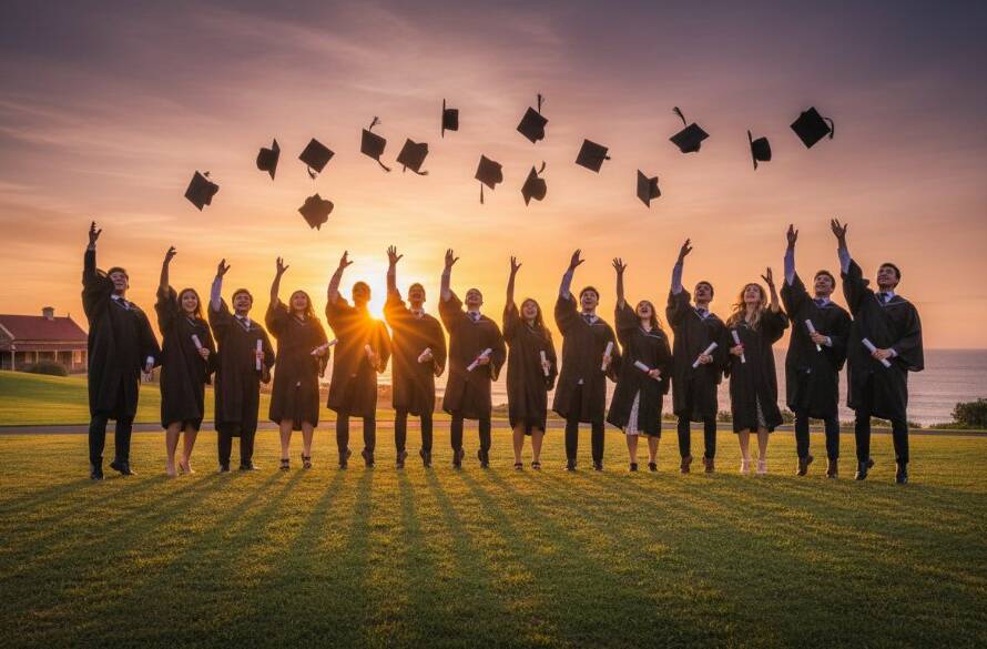 A group of ecstatic graduates in Point Cook joyfully tossing their caps into a vibrant sunset, perfectly illustrating Point Cook graduation photography capturing epic cap toss moments, with one graduate prominently silhouetted against the sky.