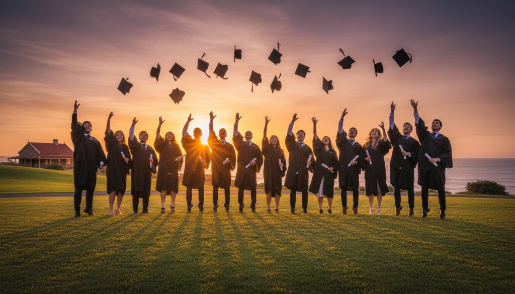A group of ecstatic graduates in Point Cook joyfully tossing their caps into a vibrant sunset, perfectly illustrating Point Cook graduation photography capturing epic cap toss moments, with one graduate prominently silhouetted against the sky.
