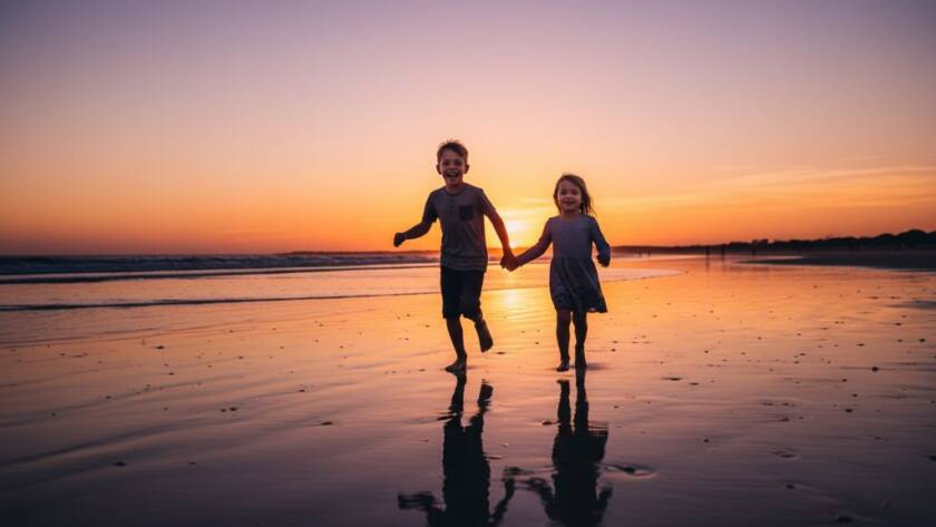 A vibrant, wide-angle shot of a child laughing joyfully as they run through tall golden grass at Point Cook Coastal Park, sunlight dappling through the trees, perfectly encapsulating Point Cook kids photography capturing genuine joy.