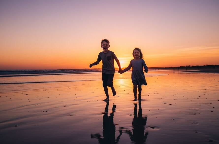 A vibrant, wide-angle shot of a child laughing joyfully as they run through tall golden grass at Point Cook Coastal Park, sunlight dappling through the trees, perfectly encapsulating Point Cook kids photography capturing genuine joy.