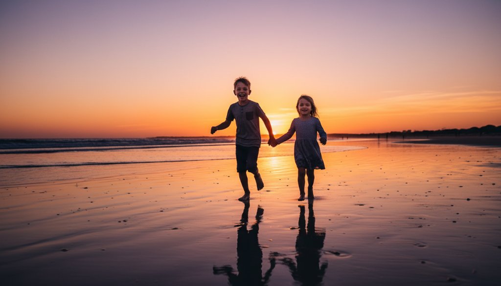 A vibrant, wide-angle shot of a child laughing joyfully as they run through tall golden grass at Point Cook Coastal Park, sunlight dappling through the trees, perfectly encapsulating Point Cook kids photography capturing genuine joy.