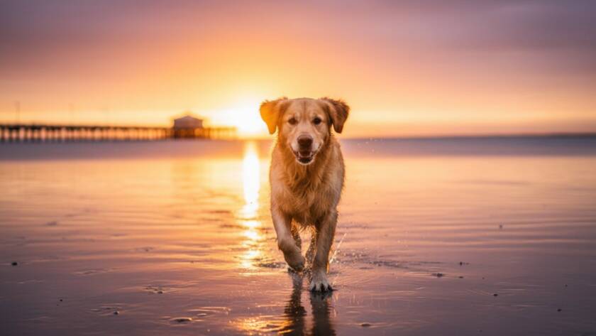 An epic moment in Point Cook pet photography capturing joyous moments: a golden retriever mid-leap, silhouetted against a dramatic Point Cook sunset over the bay, mouth open in a happy bark, with blurred motion capturing its joyful energy.
