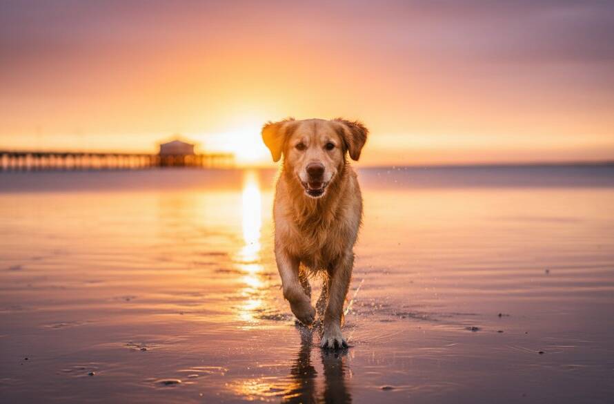 An epic moment in Point Cook pet photography capturing joyous moments: a golden retriever mid-leap, silhouetted against a dramatic Point Cook sunset over the bay, mouth open in a happy bark, with blurred motion capturing its joyful energy.
