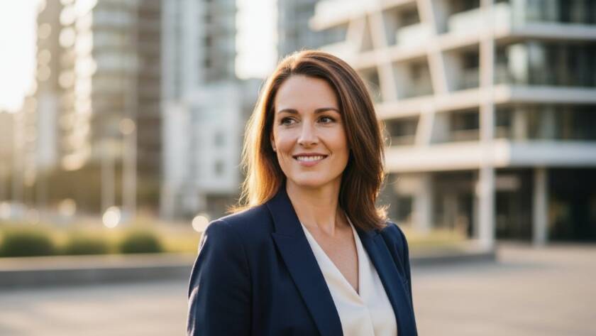 A confident male professional, mid-laugh, captured in a dramatic, cinematic close-up during a Point Cook professional headshot photography for career advancement session, with the vibrant Point Cook promenade blurred in the background, showcasing his approachable yet authoritative presence.