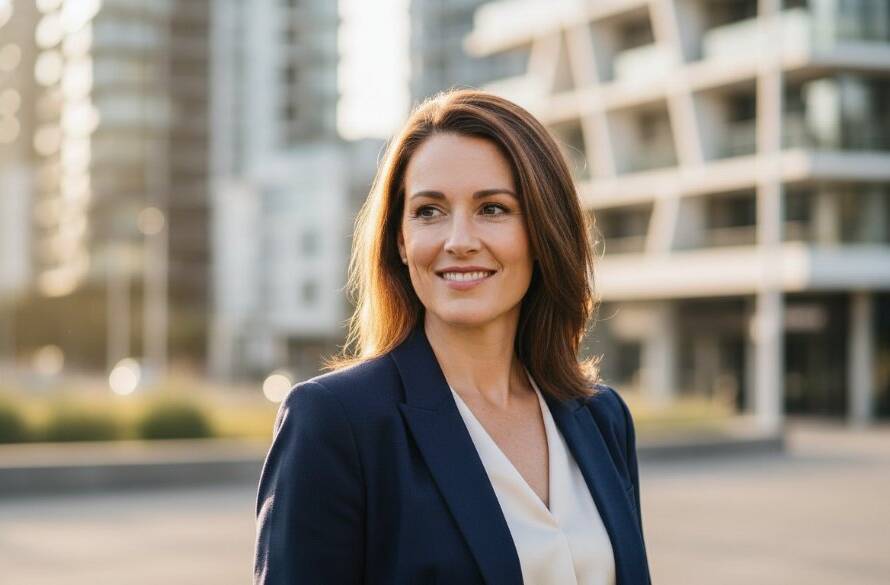 A confident male professional, mid-laugh, captured in a dramatic, cinematic close-up during a Point Cook professional headshot photography for career advancement session, with the vibrant Point Cook promenade blurred in the background, showcasing his approachable yet authoritative presence.