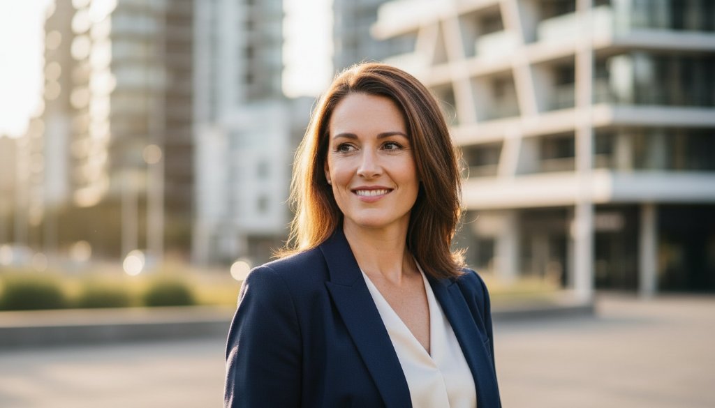 A confident male professional, mid-laugh, captured in a dramatic, cinematic close-up during a Point Cook professional headshot photography for career advancement session, with the vibrant Point Cook promenade blurred in the background, showcasing his approachable yet authoritative presence.