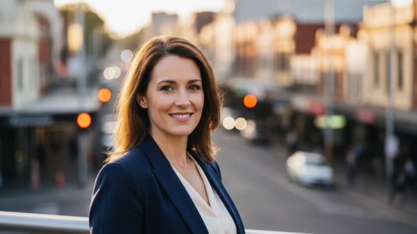 A confident business professional smiles genuinely in an 'epic moment' shot, captured during a Polished professional headshots Carnegie Melbourne session, featuring dramatic backlighting from a sunset over a local park, conveying approachability and expertise.