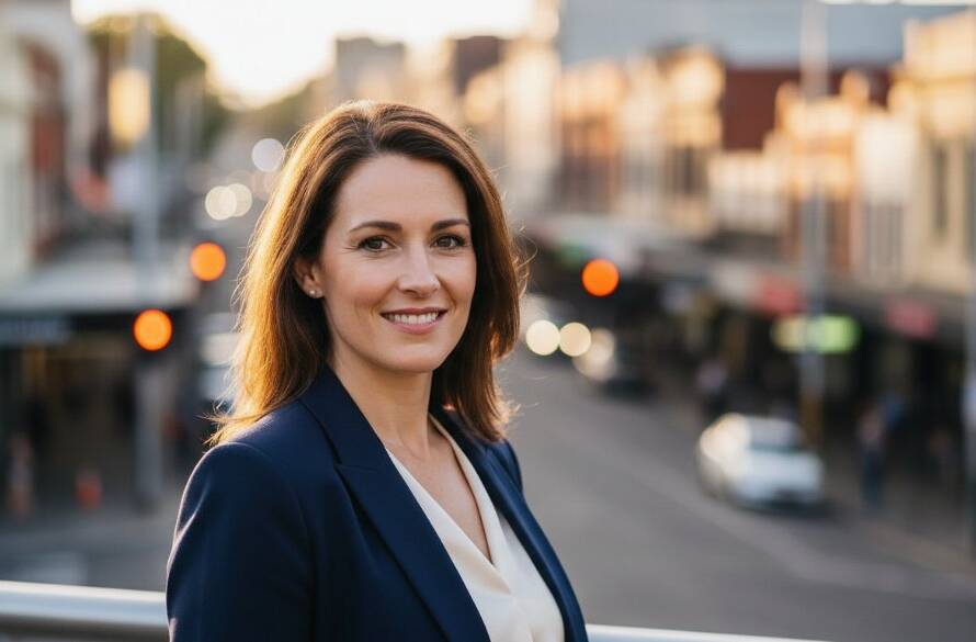 A confident business professional smiles genuinely in an 'epic moment' shot, captured during a Polished professional headshots Carnegie Melbourne session, featuring dramatic backlighting from a sunset over a local park, conveying approachability and expertise.