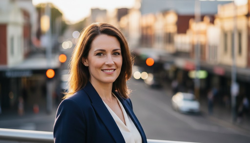 A confident business professional smiles genuinely in an 'epic moment' shot, captured during a Polished professional headshots Carnegie Melbourne session, featuring dramatic backlighting from a sunset over a local park, conveying approachability and expertise.