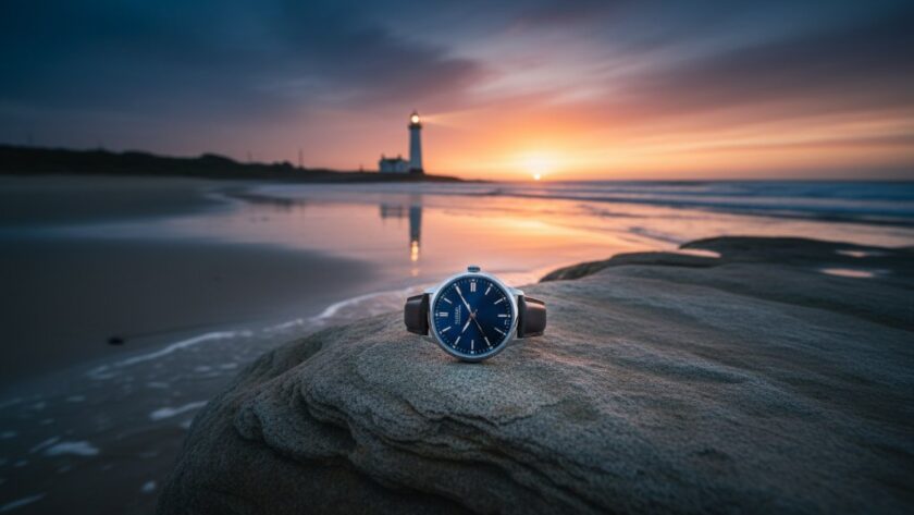 A dramatic wide-angle shot showcasing a local artisan's handcrafted product, perhaps a bespoke surfboard or a unique piece of pottery, perfectly composed against the rugged coastline and vibrant sunset of Portland, Victoria. This image epitomises exceptional Portland Victoria advertising photography for local businesses, capturing an inspiring moment of local craftsmanship with cinematic lighting.