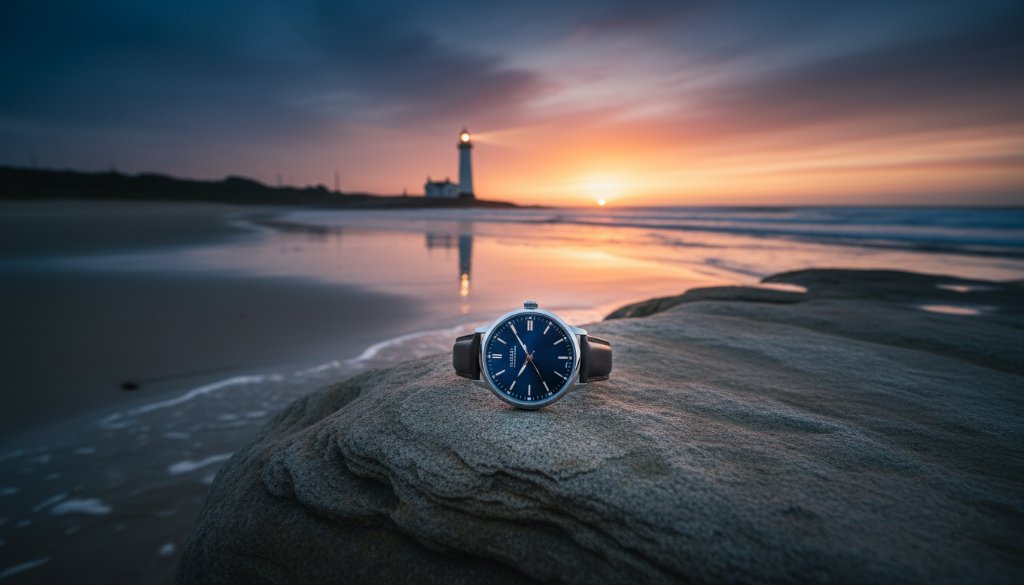 A dramatic wide-angle shot showcasing a local artisan's handcrafted product, perhaps a bespoke surfboard or a unique piece of pottery, perfectly composed against the rugged coastline and vibrant sunset of Portland, Victoria. This image epitomises exceptional Portland Victoria advertising photography for local businesses, capturing an inspiring moment of local craftsmanship with cinematic lighting.