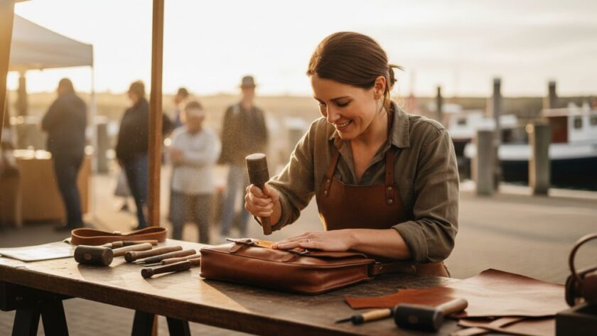Dramatic, low-angle shot showcasing a local artisan at their craft stall during a vibrant Portland Victoria market, bathed in golden hour light, reflecting the essence of authentic branding photography for local businesses.