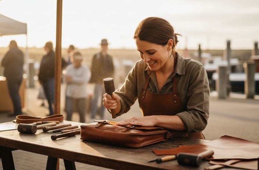 Dramatic, low-angle shot showcasing a local artisan at their craft stall during a vibrant Portland Victoria market, bathed in golden hour light, reflecting the essence of authentic branding photography for local businesses.