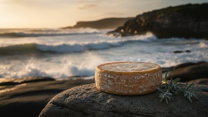 A captivating 'epic moment' photograph showcasing a handcrafted local ceramic mug, its unique glaze illuminated by a beam of golden sunrise, set against the misty backdrop of Portland's rugged coastline, demonstrating professional Portland Victoria bespoke product photography for local artisans.