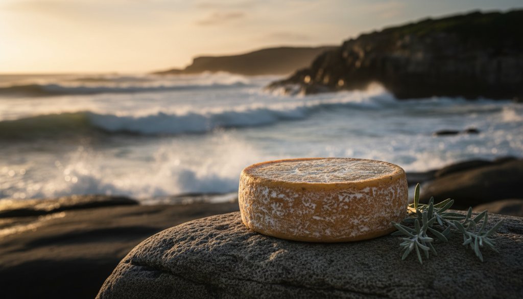 A captivating 'epic moment' photograph showcasing a handcrafted local ceramic mug, its unique glaze illuminated by a beam of golden sunrise, set against the misty backdrop of Portland's rugged coastline, demonstrating professional Portland Victoria bespoke product photography for local artisans.