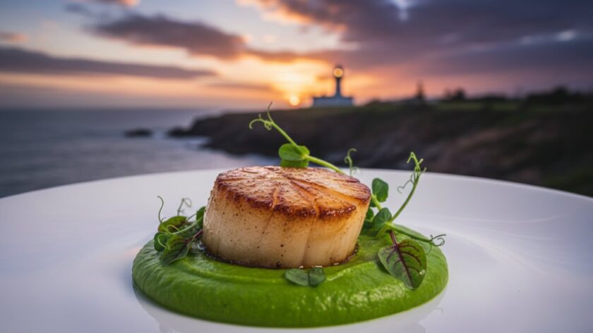 An aerial shot of a beautifully arranged, vibrant seafood platter, featuring freshly caught lobster, oysters, and prawns, artfully presented on a rustic wooden table overlooking Portland harbour at sunset. This image exemplifies Portland Victoria's best seafood platter photography.