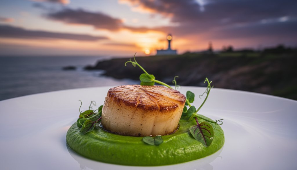 An aerial shot of a beautifully arranged, vibrant seafood platter, featuring freshly caught lobster, oysters, and prawns, artfully presented on a rustic wooden table overlooking Portland harbour at sunset. This image exemplifies Portland Victoria's best seafood platter photography.