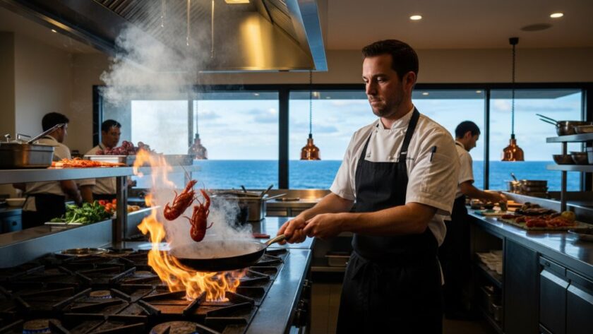 A dramatic, professionally colour-graded photograph showcasing a vibrant, bustling local café in Portland, Victoria, with a barista expertly crafting a coffee, bathed in warm morning light, embodying the dynamic spirit of Portland Victoria commercial photography for small businesses.
