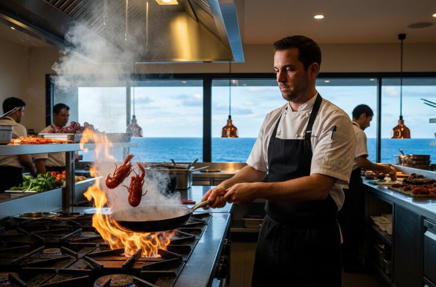 A dramatic, professionally colour-graded photograph showcasing a vibrant, bustling local café in Portland, Victoria, with a barista expertly crafting a coffee, bathed in warm morning light, embodying the dynamic spirit of Portland Victoria commercial photography for small businesses.
