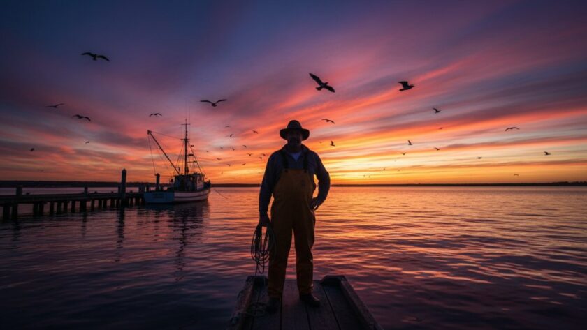 Dramatic wide-angle shot of a local fisherman standing silhouetted against a vibrant sunset over Portland harbour, Victoria, Australia, conveying the authentic Portland Victoria editorial photography coastal narratives through an epic moment of everyday coastal life.