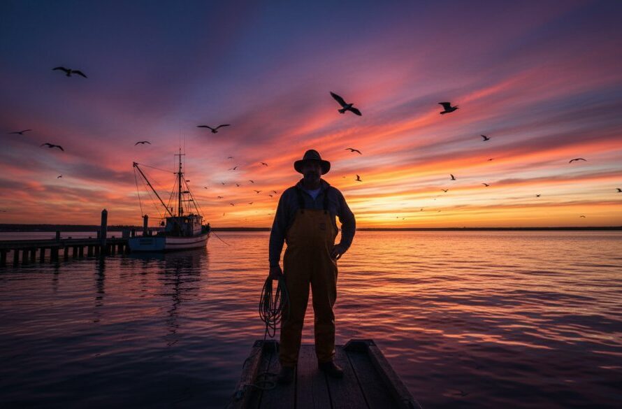 Dramatic wide-angle shot of a local fisherman standing silhouetted against a vibrant sunset over Portland harbour, Victoria, Australia, conveying the authentic Portland Victoria editorial photography coastal narratives through an epic moment of everyday coastal life.