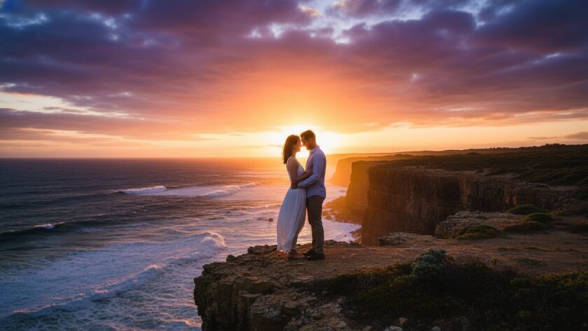 A newly engaged couple sharing a tender moment overlooking dramatic coastal cliffs at sunset, perfectly captured as Portland Victoria engagement photos stunning cliffside, with golden hour light silhouetting their embrace.