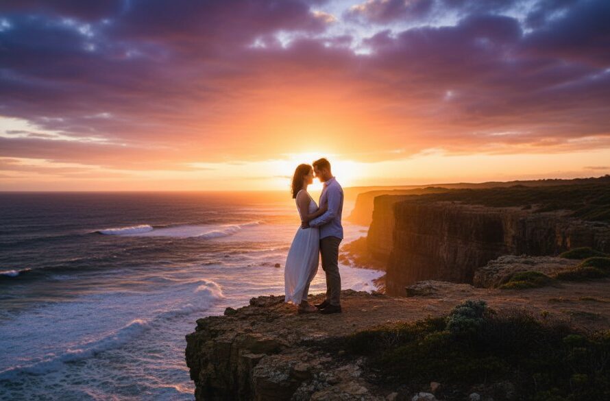 A newly engaged couple sharing a tender moment overlooking dramatic coastal cliffs at sunset, perfectly captured as Portland Victoria engagement photos stunning cliffside, with golden hour light silhouetting their embrace.