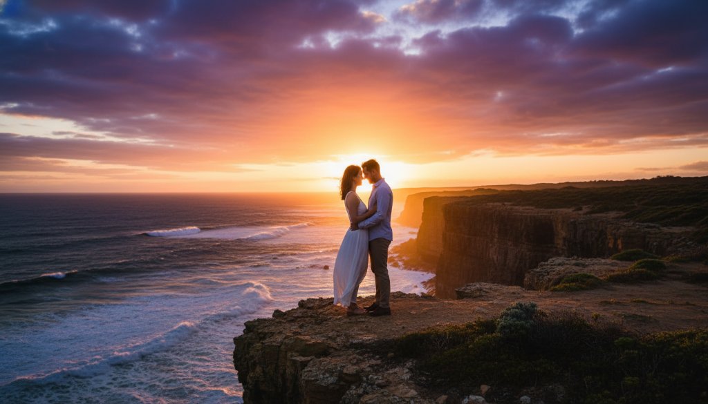 A newly engaged couple sharing a tender moment overlooking dramatic coastal cliffs at sunset, perfectly captured as Portland Victoria engagement photos stunning cliffside, with golden hour light silhouetting their embrace.